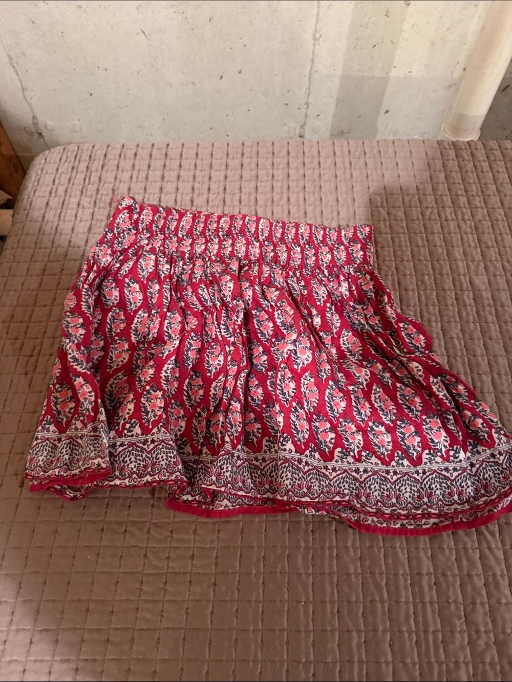 Red Printed Smocked Waist Mini Skirt